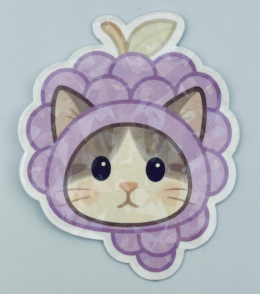 Kawaii Grape Cat Vinyl Sticker | Cute Cat Fruit Sticker | Pastel Aesthetic Planner & Laptop Decal