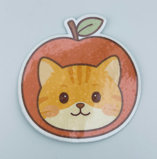 Kawaii Apple Cat Vinyl Sticker | Cute Orange Cat Sticker | Pastel Aesthetic Planner & Laptop Decal