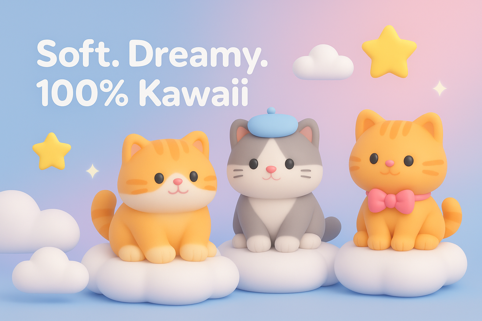 Three cute cat figurines on clouds with stars and text 'Soft. Dreamy. 100% Kawaii' on a pastel background.