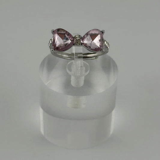 Adjustable Silver Bow Ring with Pink Heart Gems – Sparkle Edition