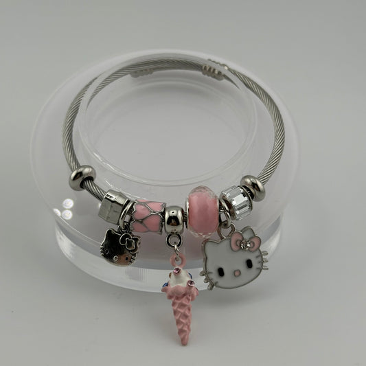 Hello Kitty Silver Cable Charm Bracelet 🍦✨ | Pink Beads + Charms