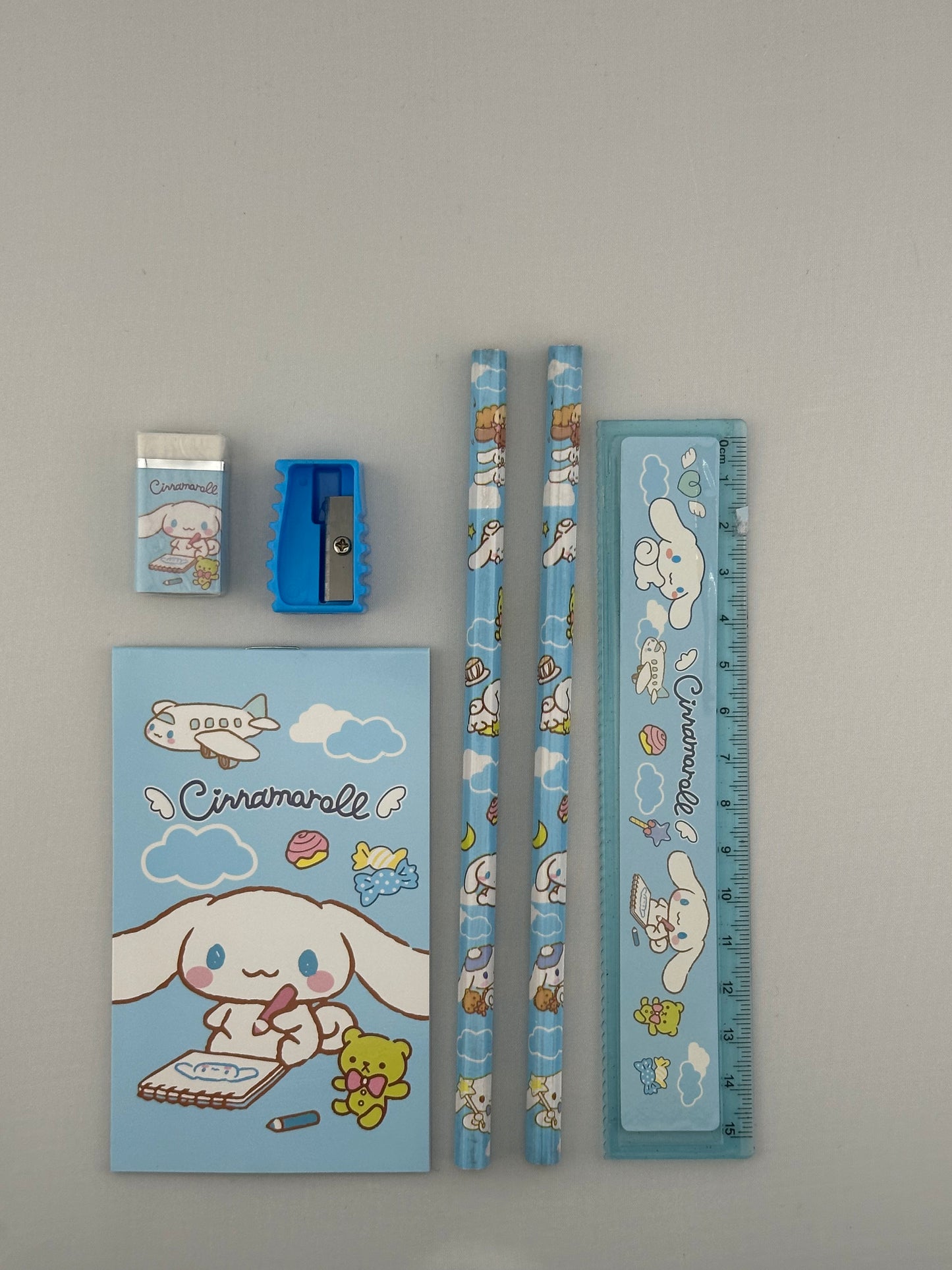 Cinnamoroll Pencil Pouch Stationery Set – Notebook, Ruler, Pencils, Eraser & Sharpener | Kawaii School Supplies