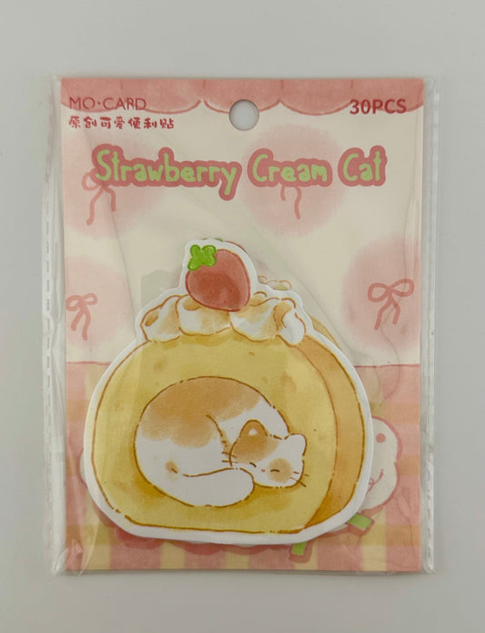 Strawberry Cream Cat Sticky Notes (30pcs) | Cute Kawaii Dessert Cat Memo Notes | Pink Aesthetic Stationery - Kawaii Co.